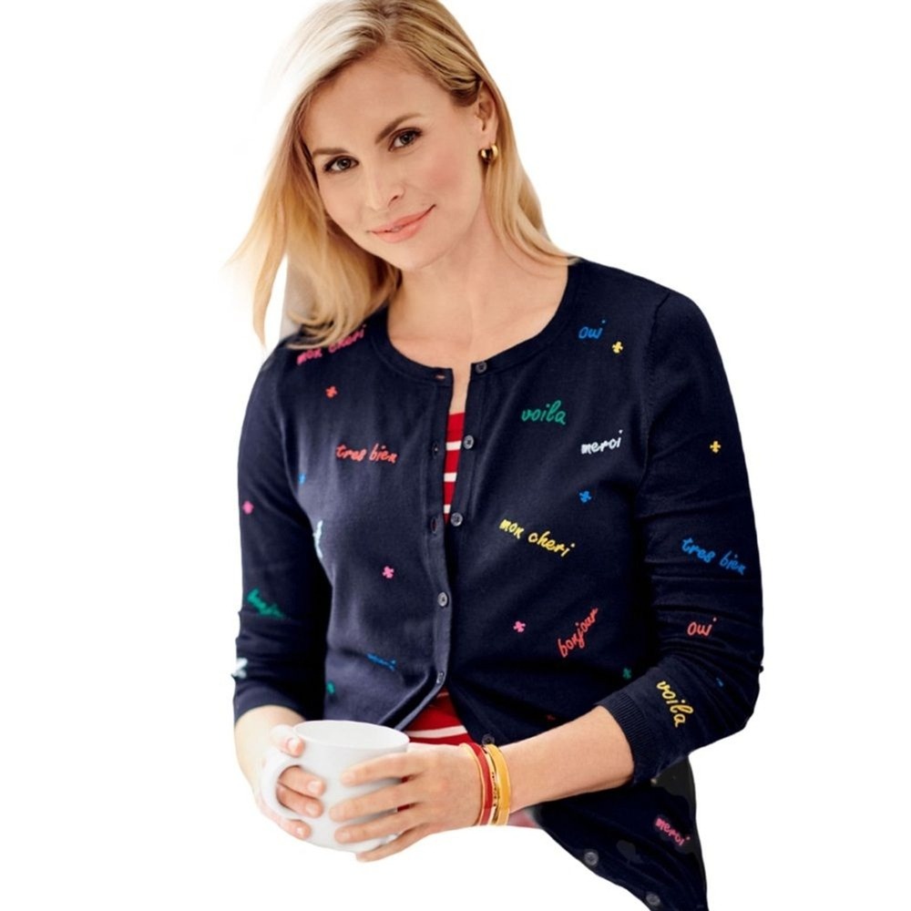 Talbots Sz Medium French Words Navy Cardigan with‎ Multicolor Embroidery